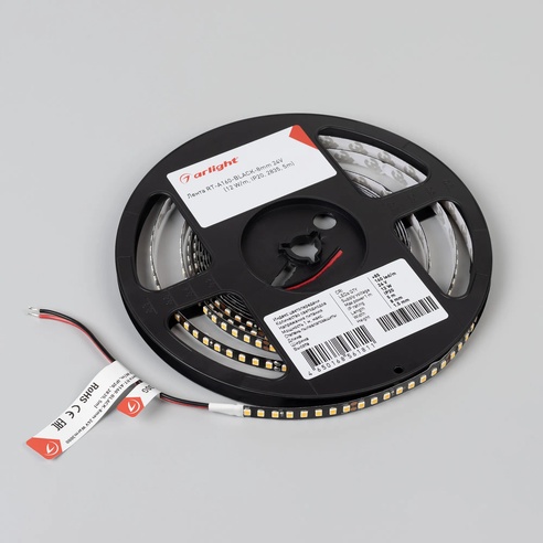 Лента светодиодная RT-A160-BLACK-8mm 24V Warm3000 (12 W/m, IP20, 2835, 5m) (Arlight, высок.эфф.150 лм/Вт)