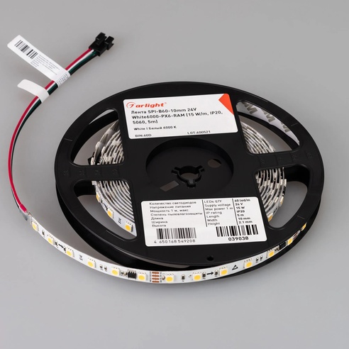 Лента светодиодная SPI-B60-10mm 24V White6000-PX6-RAM (15 W/m, IP20, 5060, 5m) (Arlight, бегущий огонь)