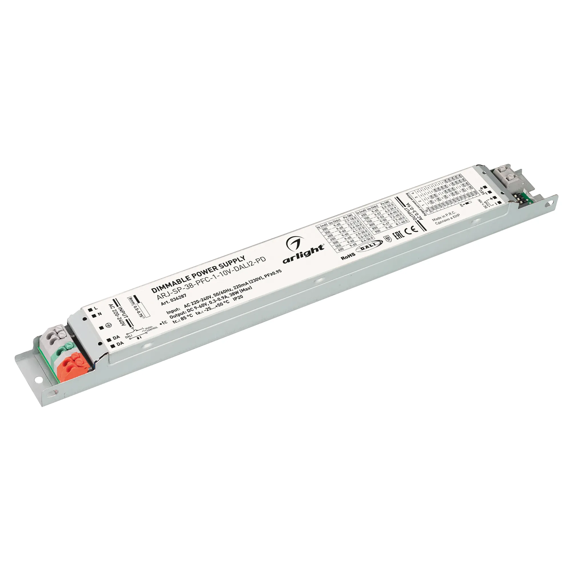 Блок питания ARJ-SP-38-PFC-1-10V-DALI2-PD (38W, 9-60V, 0.3-0.9A) (Arlight, IP20 Металл, 5 лет) - изображение товара